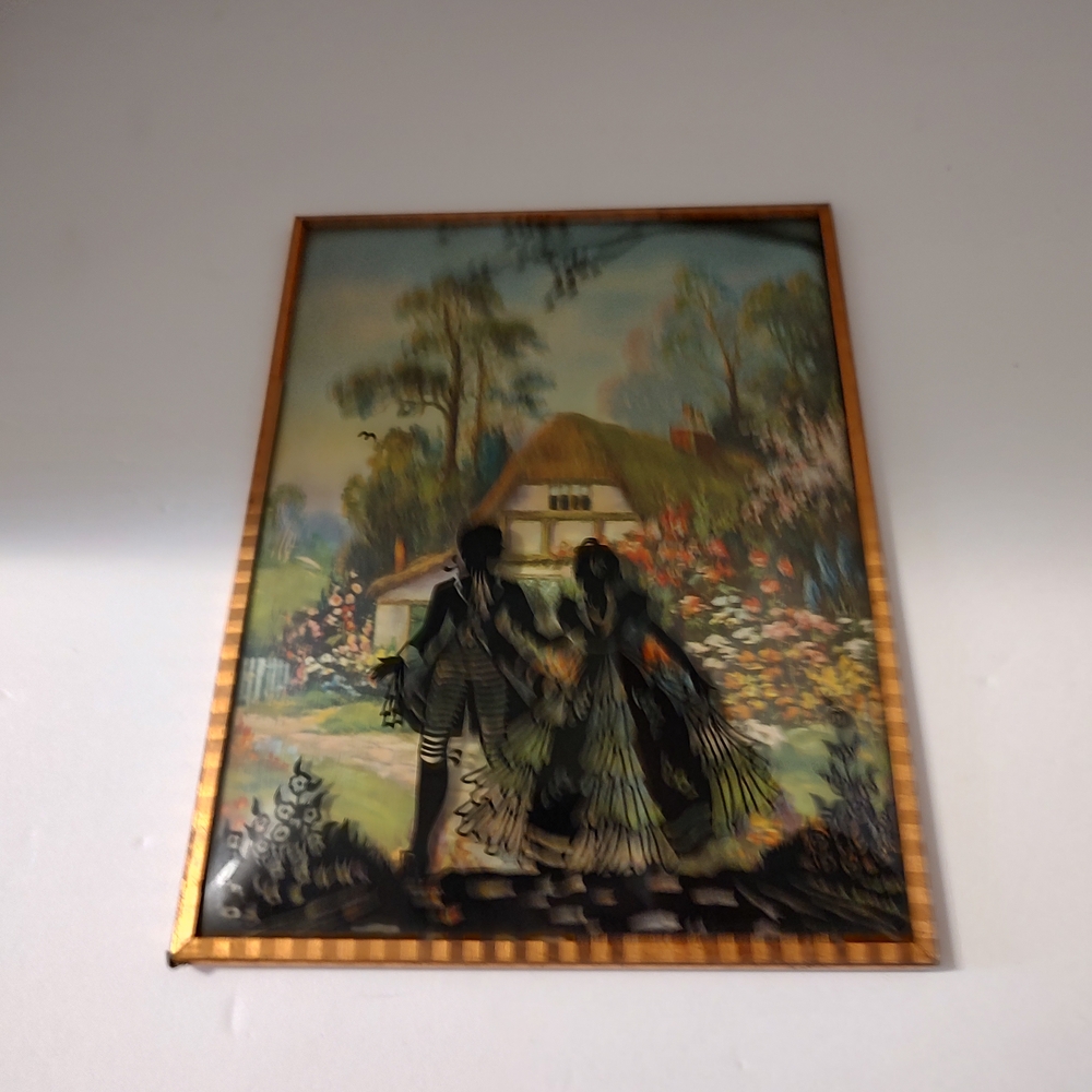 Source Unknown Framed Glass Art with Cottage Scene in Green, Blue, Gold